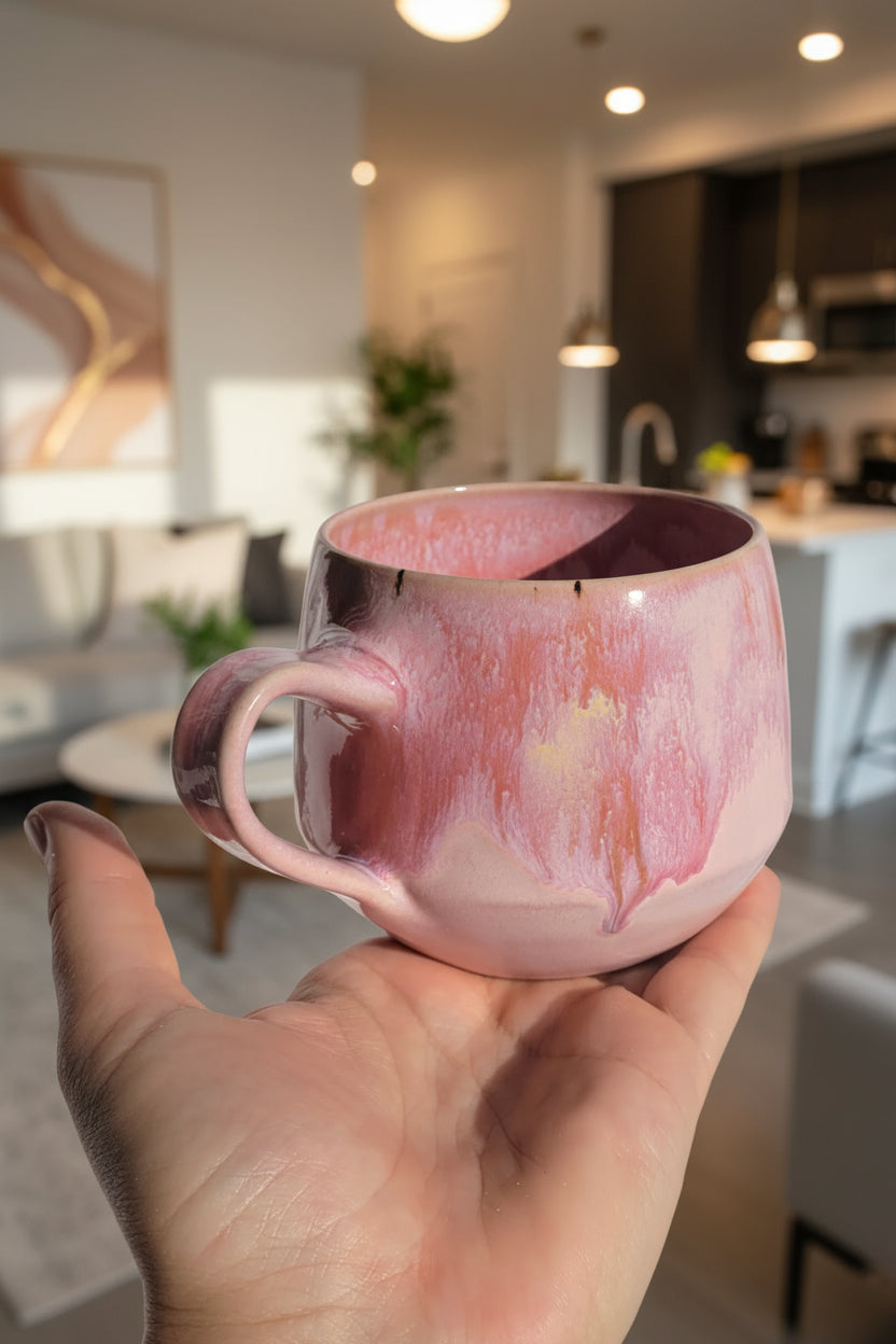 Handgemachte Steinzeugtasse Bloom, 350 ml, glänzende rosa Glasur mit dunklen Akzenten.